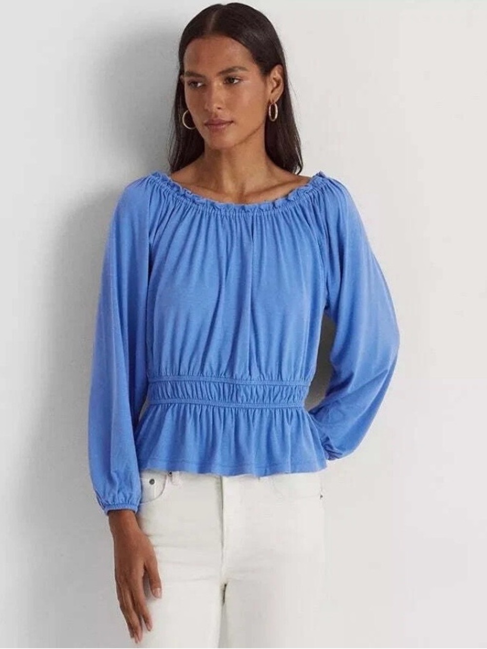 Lauren Ralph Lauren Periwinkle Blue Peasant Blouse with Smocked Waist Size L NWT